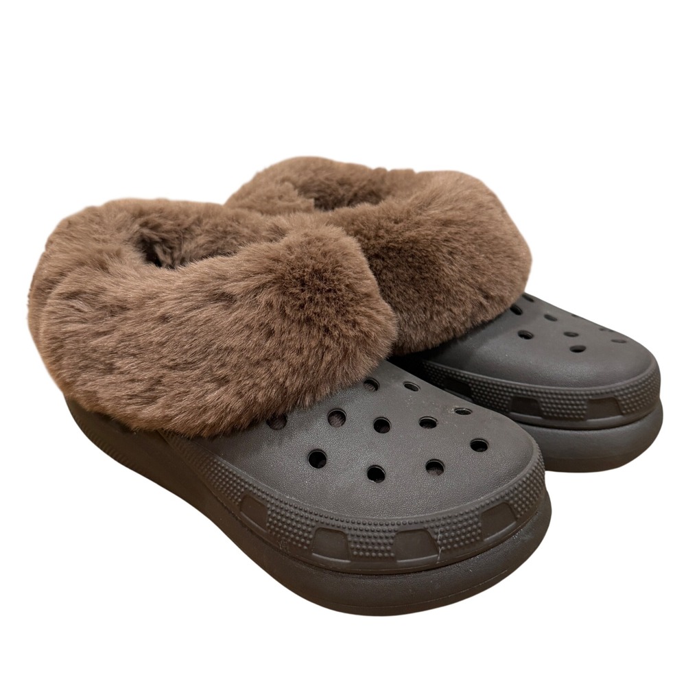 Crocs Furever Crush Fur Lined Platform Clogs W6 Winter Cozy Slippers Shoes Brown